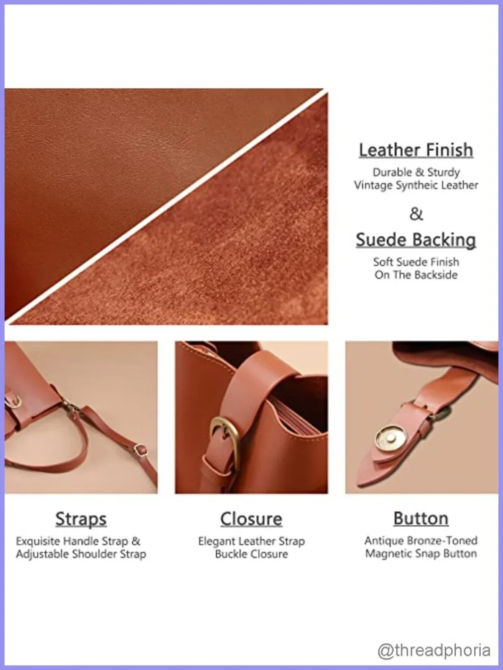 Vegan Leather Hobo Bucket Bag Shoulder Handbag with Crossbody Strap and